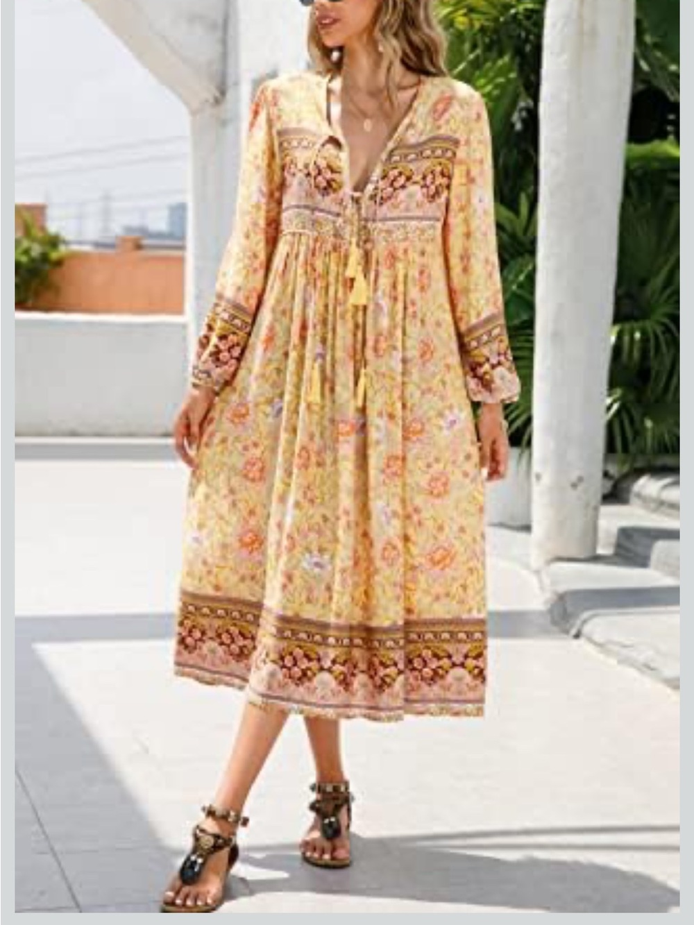R. Vivimos Womens Tie Up Neck Long Sleeve Floral Tassel Bohemian Midi Dress L - Picture 3 of 8